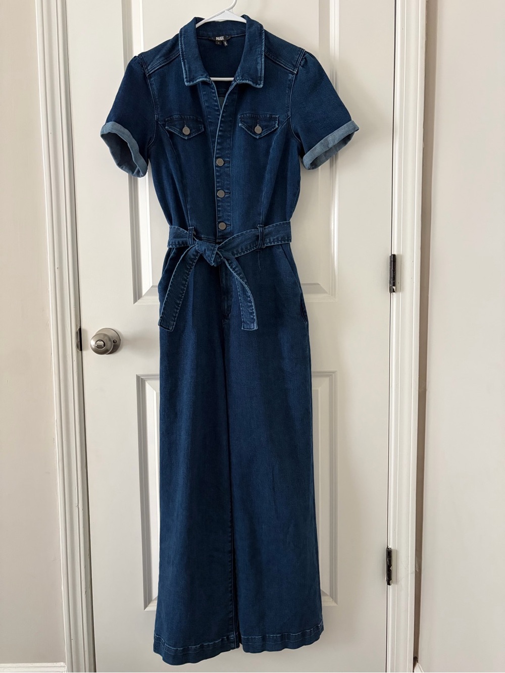 PAIGE Anessa Denim Jumpsuit Size 6 Dark Wash Wide Leg Belted - Picture 3 of 8